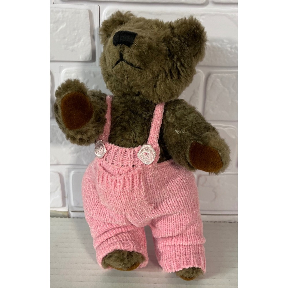 Unbranded Teddy Bear Plush Small Brown Pink Knit Overalls Vintage Style